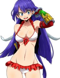 Rule 34 | 1girl, aono3, arm behind back, bikini, blue eyes, blunt ends, breasts, commentary, cowboy shot, earrings, elbow gloves, fate/grand order, fate (series), frilled bikini, frills, front-tie bikini top, front-tie top, gauntlets, gloves, gluteal fold, groin, hand in own hair, highres, jewelry, long hair, looking at viewer, martha (fate), martha (swimsuit ruler) (fate), martha (swimsuit ruler) (third ascension) (fate), medium breasts, navel, open mouth, purple hair, red gloves, simple background, smile, solo, standing, swimsuit, white background, white bikini