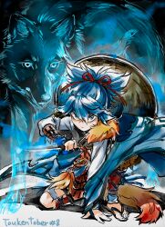 Rule 34 | animal, arm support, armor, blue cloak, blue eyes, blue hair, blue theme, cloak, commentary, english commentary, fighting stance, floating clothes, full body, fur trim, hair between eyes, hand up, hat, highres, holding, holding knife, holding weapon, japanese armor, kesa, knife, kote, kusazuri, long sleeves, looking at viewer, male focus, on one knee, ponytail, reverse grip, sandals, sayo samonji, serious, short hair, straw hat, suneate, tail, tassel, touken ranbu, transparent, unworn hat, unworn headwear, vdmaler, weapon, wolf, zouri