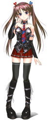 Rule 34 | 1girl, bare shoulders, boots, breasts, brown hair, elbow gloves, full body, gloves, long hair, long image, looking at viewer, medium breasts, miniskirt, original, platform footwear, shiny clothes, simple background, skirt, sleeveless, solo, standing, tall image, thighhighs, twintails, yurikuta tsukumi, zettai ryouiki
