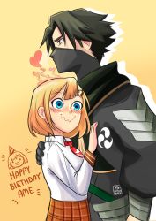 Rule 34 | 1boy, 1girl, black eyes, black hair, blue eyes, blush, collared shirt, commentary, english commentary, from side, hand on another&#039;s chest, happy birthday, hattori hanzo (nightshade), heart, highres, hololive, hololive english, hug, mask, mateus alves, short necktie, mouth mask, nightshade (visual novel), plaid, plaid skirt, red neckwear, shirt, skirt, smile, virtual youtuber, watson amelia, wavy mouth, white shirt, yellow background