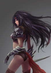 Rule 34 | 1girl, armor, ass, black hair, brown eyes, claws, gloves, gradient background, grey background, highres, lips, long hair, looking back, midriff, original, simple background, solo, standing, weapon, yuj (moemarket)