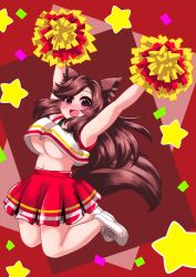 Rule 34 | 1girl, animal ears, arm up, armpits, blush, breasts, brown hair, cheering, cheerleader, crop top, fuuren udon, holding, holding pom poms, imaizumi kagerou, jumping, large breasts, long hair, looking at viewer, midriff, miniskirt, navel, no bra, open mouth, pleated skirt, pom pom (cheerleading), pom poms, red eyes, shirt, shoes, skirt, sleeveless, sleeveless shirt, sneakers, solo, tail, touhou, underboob, wolf ears, wolf girl, wolf tail