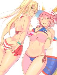 Rule 34 | 2girls, animal ears, ass, bead bracelet, beads, bikini, blonde hair, blue bikini, bracelet, breasts, butt crack, closed mouth, earrings, fate/grand order, fate (series), fox ears, fox tail, green eyes, hat, jewelry, large breasts, long hair, looking at viewer, multiple girls, navel, nero claudius (fate), nero claudius (fate) (all), nero claudius (swimsuit caster) (fate), open mouth, p answer, pink hair, side-tie bikini bottom, simple background, smile, standing, striped bikini, striped clothes, swimsuit, tail, tamamo (fate), tamamo no mae (fate/extra), tamamo no mae (swimsuit lancer) (fate), tamamo no mae (swimsuit lancer) (third ascension) (fate), twintails, white background, yellow eyes