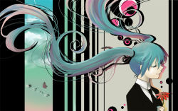 Rule 34 | aqua hair, bad id, bad pixiv id, bug, butterfly, closed eyes, flower, formal, hair ribbon, hatsune miku, insect, kotetsu (popeethe), long hair, necktie, ribbon, saihate (vocaloid), solo, suit, twintails, vocaloid