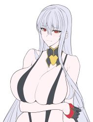 Rule 34 | 1girl, arm under breasts, black gloves, blush, breasts, cleavage, detached collar, flat color, gloves, hair between eyes, halcon, holding own arm, large breasts, long bangs, long hair, looking at viewer, red eyes, selvaria bles, senjou no valkyria, senjou no valkyria (series), senjou no valkyria 1, silver hair, simple background, slingshot swimsuit, solo, swimsuit, unfinished, upper body, white background