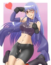 Rule 34 | 1girl, ;p, bike shorts, blush, boots, breasts, brown eyes, female focus, fingerless gloves, fishnets, food, gintama, glasses, gloves, goriate, gradient background, heart, kneeling, long hair, midriff, nattou, navel, one eye closed, purple hair, sarutobi ayame, scarf, shorts, skin tight, solo, spandex, tongue, tongue out, wink