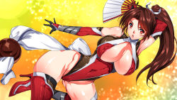 Rule 34 | 1girl, action, adapted costume, alternate costume, areola slip, arm behind head, arm guards, arm up, armor, black thighhighs, boots, breasts, brown hair, cleavage, covered erect nipples, covered navel, dynamic pose, fatal fury, fishnet thighhighs, fishnets, gauntlets, gluteal fold, hair intakes, hand fan, high heels, high ponytail, highleg, highleg leotard, hip bones, holding, holding fan, holding weapon, knee up, large breasts, leotard, linea alba, looking at viewer, ninja, open mouth, ponytail, red footwear, rope, shiny skin, shiranui mai, skindentation, smash daisaku, snk, solo, standing, standing on one leg, taimanin (series), taimanin suit, the king of fighters, thigh boots, thighhighs, thong leotard, tight clothes, weapon, yellow background
