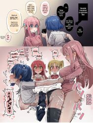 Rule 34 | 2koma, 4girls, absurdres, arm grab, arm held back, ass press, bent over, blonde hair, blue eyes, blue hair, blue skirt, blush, bocchi the rock!, breasts, brown eyes, cellphone, clothed sex, comic, cube hair ornament, doggystyle, english text, from side, futa with female, futanari, gotoh hitori, green eyes, hair between eyes, hair ornament, hard-translated, highres, holding, holding another&#039;s wrist, holding phone, hypnosis, iisan (zvemsv420vuqzzb), ijichi nijika, instant loss, jacket, kita ikuyo, large breasts, long hair, mind control, multiple girls, nipples, open mouth, phone, pink hair, pink jacket, red hair, sex, sex from behind, shirt, short hair, short sleeves, side ponytail, skirt, smartphone, speech bubble, standing, standing sex, stomach bulge, third-party edit, tongue, tongue out, track jacket, vaginal, white shirt, yamada ryo, yuri