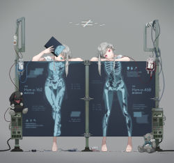 Rule 34 | 2girls, android, asymmetrical hair, barefoot, blood, blood bag, blue eyes, chromatic aberration, feet, female focus, grey background, head rest, head tilt, highres, intravenous drip, kugano, legs apart, looking at viewer, multiple girls, original, pink eyes, science fiction, silver hair, simple background, skeleton, smile, standing, stuffed animal, stuffed rabbit, stuffed toy, teddy bear, thigh gap, toes, twintails, twitter username, wire, x-ray