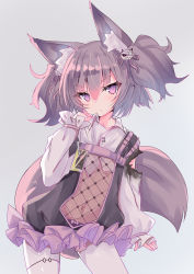 Rule 34 | 1girl, animal ear fluff, animal ears, arknights, black dress, black panties, bow, bow panties, closed mouth, commentary request, dress, grey background, grey hair, hair between eyes, hand up, highres, hizaka, long sleeves, looking at viewer, navel, panties, pantyhose, puffy long sleeves, puffy sleeves, purple eyes, see-through, shamare (arknights), shirt, simple background, sleeves past wrists, solo, tail, twintails, underwear, v-shaped eyebrows, white pantyhose, white shirt