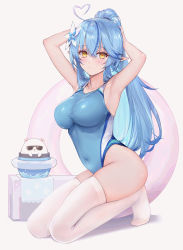 Rule 34 | 1girl, ahoge, armpits, arms up, blue hair, blue one-piece swimsuit, blush, breasts, competition swimsuit, covered navel, daifuku (yukihana lamy), elf, flower, hair between eyes, hair flower, hair ornament, haoni, heart, heart ahoge, high ponytail, highres, hololive, kneeling, large breasts, long hair, looking at viewer, one-piece swimsuit, pointy ears, simple background, solo, sunglasses, swimsuit, thighhighs, virtual youtuber, white background, white thighhighs, yellow eyes, yukihana lamy