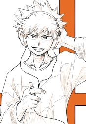 Rule 34 | 1boy, bakugou katsuki, boku no hero academia, collarbone, greyscale with colored background, grin, headphones, highres, holding, holding headphones, looking at viewer, male focus, monochrome, no control, shirt, smile, solo, spiked hair, spot color, teeth