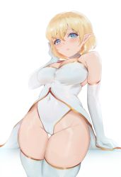 Rule 34 | 1girl, absurdres, blonde hair, blue eyes, blush, breasts, cleavage, covered navel, dress, earrings, elbow gloves, elf, gloves, gold trim, groin, highres, jewelry, leotard, leotard under clothes, medium breasts, original, pointy ears, sennei, short dress, short hair, simple background, solo, thighhighs, white background, white dress, white gloves, white thighhighs