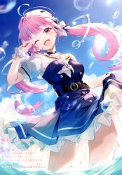 Rule 34 | 1girl, absurdres, ahoge, belt, blue hair, blue sky, breasts, bubble, choker, cloud, cloudy sky, day, drill hair, highres, hololive, long hair, medium breasts, minato aqua, multicolored hair, one eye closed, open mouth, outdoors, partially submerged, purple eyes, purple hair, riichu, scan, short sleeves, simple background, skirt hold, sky, smile, solo, teeth, twintails, two-tone hair, upper teeth only, virtual youtuber, wading, water, water drop, wrist cuffs