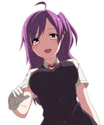 Rule 34 | 10s, 1girl, ahoge, blouse, breasts, brown eyes, gloves, hagikaze (kancolle), kantai collection, large breasts, long hair, neck ribbon, open mouth, pleated skirt, purple hair, red hair, red ribbon, ribbon, school uniform, shirt, side ponytail, skirt, solo, toho-77, vest, white gloves