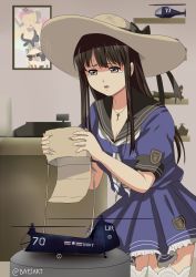 Rule 34 | 10s, 1girl, aircraft, bag, beta (joutarou), black hair, blue dress, brown eyes, commentary, crying, crying with eyes open, dress, garter straps, handbag, hat, helicopter, historical name connection, iowa (kancolle), iowa (pacific), jewelry, kantai collection, lace, lace-trimmed dress, lace-trimmed legwear, lace trim, mole, name connection, necklace, pacific (kancolle), piasecki hup retriever, sailor dress, sun hat, tears, thighhighs, white thighhighs