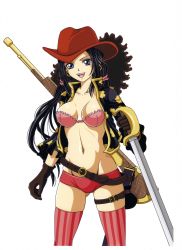 Rule 34 | 1girl, absurdres, basuchian, bra, breasts, cleavage, earrings, gloves, gun, hat, highres, jewelry, long hair, nico robin, one piece, one piece film: z, open mouth, patterned legwear, pirate, rifle, sword, thighhighs, underwear, weapon