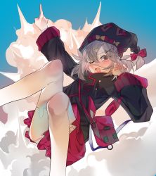 Rule 34 | 1girl, absurdres, animal ear legwear, arknights, arm up, bag, black headwear, black jacket, blue sky, blush, braid, commentary request, explosion, eyepatch, feet out of frame, grey hair, hair ornament, hairclip, highres, jacket, juzitansuan, knees together feet apart, knees up, long sleeves, looking at viewer, open mouth, pleated skirt, pointing, popukar (arknights), rabbit ear legwear, rabbit hair ornament, red eyes, red skirt, shoulder bag, skirt, sky, solo, thighhighs, white thighhighs, wide sleeves, x hair ornament