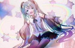 Rule 34 | aqua eyes, aqua hair, aqua ribbon, bad id, bad pixiv id, bare shoulders, black skirt, black thighhighs, blouse, blurry, blurry background, blurry foreground, commentary, depth of field, detached sleeves, dutch angle, hair ornament, hatsune miku, hatsune miku (nt), headset, layered sleeves, long hair, looking at viewer, miniskirt, neck ribbon, open mouth, outstretched arms, piapro, pleated skirt, rainbow, ribbon, see-through, see-through sleeves, shirt, shoulder tattoo, sitting, skirt, sleeveless, sleeveless shirt, smile, stellated octahedron, tattoo, thighhighs, twintails, very long hair, vocaloid, white shirt, white sleeves, yuwari92