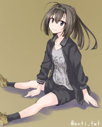 Rule 34 | 10s, 1girl, akizuki (kancolle), alternate costume, anchor symbol, anti (untea9), arm support, between legs, black eyes, black socks, blush, brown background, brown hair, casual, clothes writing, contemporary, hair ribbon, hand between legs, kantai collection, ponytail, ribbon, shirt, shoes, shorts, simple background, sitting, smile, socks, solo, twitter username