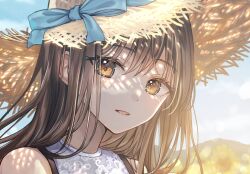 Rule 34 | 1girl, bare shoulders, blue ribbon, blue sky, brown hair, close-up, dappled sunlight, floral print, hat, hat ribbon, light smile, looking at viewer, original, outdoors, parted lips, portrait, ribbon, sakura (39ra), sky, solo, straw hat, sunlight, yellow eyes