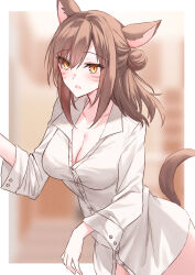 Rule 34 | 1girl, animal ears, blurry, blurry background, breasts, brown hair, cat ears, cat girl, cat tail, character request, cleavage, collarbone, collared shirt, depth of field, dress shirt, final fantasy, final fantasy xiv, hair between eyes, highres, kinona, long hair, long sleeves, looking at viewer, medium breasts, miqo&#039;te, naked shirt, orange eyes, shirt, slit pupils, solo, tail, white shirt