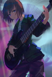 Rule 34 | 1girl, abstract background, aya (star), bad id, bad pixiv id, bass guitar, blue eyes, brown hair, contrapposto, cowboy shot, green jacket, instrument, jacket, lips, long sleeves, looking at viewer, motion blur, music, open clothes, open jacket, original, pants, playing instrument, purple pants, shirt, short hair, smile, solo, standing, t-shirt, unzipped, white shirt, zipper