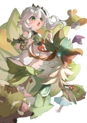 Rule 34 | 1girl, :o, barefoot, blurry, clenched hands, depth of field, full body, genshin impact, green eyes, grey hair, highres, leaf, long hair, looking ahead, nahida (genshin impact), naruka (ynarukay), open mouth, simple background, standing, toes, white background