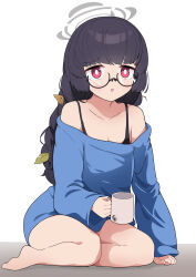 Rule 34 | 1girl, absurdres, alternate costume, barefoot, bespectacled, black-framed eyewear, black bra, black hair, blue archive, blue shirt, blush, bra, braid, breasts, bright pupils, cleavage, collarbone, commentary, cup, glasses, grey halo, halo, highres, holding, holding cup, kittenlochen, leaf, leaf on head, long hair, long sleeves, miyu (blue archive), off-shoulder shirt, off shoulder, open mouth, red eyes, round eyewear, shirt, small breasts, solo, twin braids, underwear, white pupils