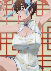 Rule 34 | 1girl, :o, absurdres, armpits, arms up, blush, breasts, brown eyes, brown hair, bun cover, china dress, chinese clothes, cleavage, cleavage cutout, clothing cutout, double bun, dr. gero (staedtler 0508), dragon, dragon print, dress, eastern dragon, hair bun, highres, idolmaster, idolmaster cinderella girls, large breasts, oikawa shizuku, short hair, sleeveless, sleeveless dress, solo, standing, standing on one leg, white dress
