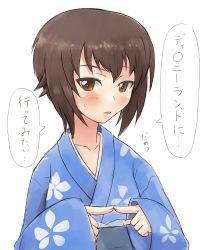 Rule 34 | 10s, 1girl, bad id, bad pixiv id, brown eyes, brown hair, fingers together, girls und panzer, index fingers together, japanese clothes, kimono, nishizumi maho, short hair, simple background, solo, solokov (okb-999), yukata