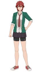 Rule 34 | 1girl, aizawa tomo, bike shorts, full body, hand on own hip, messy hair, necktie, pleated skirt, red necktie, school uniform, simple background, skirt, smile, solo, standing, tagme, tomboy, tomo-chan wa onna no ko, transparent background, white background