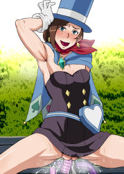 Rule 34 | 1girl, arm up, armpits, blue eyes, blush, bottomless, breasts, brown hair, capcom, cleft of venus, cloak, earrings, gloves, ace attorney, hat, jewelry, looking at viewer, magician, miniskirt, trucy wright, no panties, object insertion, open mouth, outdoors, pussy, pussy juice, sex toy, skirt, small breasts, spread legs, sweat, tongue, uminekosanta, uncensored, vaginal, vibrator