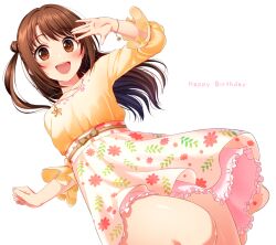 1girl :d \||/ arm_up blush breasts brown_eyes brown_hair casual clenched_hand commentary_request feet_out_of_frame floral_print floral_print_skirt flower flower_necklace frilled_skirt frills happy_birthday high-waist_skirt idolmaster idolmaster_cinderella_girls jewelry layered_skirt long_hair looking_at_viewer medium_breasts necklace one_side_up open_mouth pink_skirt print_skirt shimamura_uzuki shirt simple_background skirt sleeves_past_elbows smile solo white_background yellow_shirt yoyomura