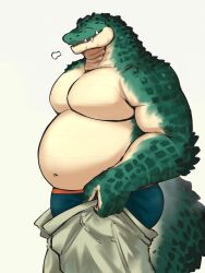 Rule 34 | 1boy, = =, bara, big belly, bulge, dressing, edging underwear, fangs, feet out of frame, from side, furry, furry male, galos (sonchai), green male underwear, highres, i&#039;ve never seen a guy recreate this successfully tbh (meme), large pectorals, lizardman, male focus, male underwear, meme, muscular, muscular male, navel, no nipples, open pants, original, pants, pants lift, pectorals, reptile boy, short hair, sigh, solo, sonchai (asha sonchai173), stomach, topless male, tusks, undersized clothes, underwear