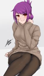 Rule 34 | 1girl, airisubaka, bad id, bad twitter id, bandaid, bandaid on cheek, bandaid on face, black pantyhose, breasts, brown eyes, commentary, english commentary, feet out of frame, grey background, highres, large breasts, leah (airisubaka), long sleeves, looking at viewer, original, pantyhose, parted lips, ponytail, purple hair, signature, simple background, sleeves past wrists, smile, solo, striped clothes, striped sweater, sweater