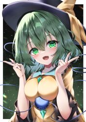 Rule 34 | absurdres, black background, black hat, border, breasts, dfra, double v, fang, green eyes, green hair, hat, hat ribbon, heart, heart-shaped pupils, highres, komeiji koishi, large breasts, light particles, looking at viewer, open mouth, ribbon, skin fang, symbol-shaped pupils, third eye, touhou, upper body, v, white border, yellow ribbon