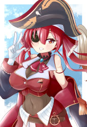 Rule 34 | 1girl, absurdres, blush, bodystocking, breasts, cleavage, covered navel, crop top, eyepatch, gloves, grin, hat, highres, hololive, houshou marine, large breasts, lips, long hair, looking at viewer, lucyfer, parted lips, pirate hat, red eyes, red skirt, see-through, see-through cleavage, skirt, smile, solo, teeth, twintails, v, virtual youtuber, white gloves