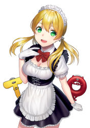 Rule 34 | 1girl, admiral (kancolle), alternate costume, apron, aqua eyes, blonde hair, breasts, enemy lifebuoy (kancolle), gloves, hair between eyes, kantai collection, large breasts, long hair, maid, maid apron, maid headdress, non-human admiral (kancolle), open mouth, prinz eugen (kancolle), simple background, solo, t-head admiral, twintails, unowen, white background, white gloves