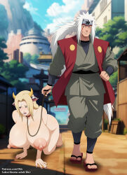 Rule 34 | 1boy, 1girl, all fours, bdsm, blonde hair, breasts, chain, cleavage, collar, completely nude, dkir, exhibitionism, facial mark, forehead mark, grin, hetero, highres, holding, holding leash, huge breasts, jiraiya (naruto), large areolae, leash, looking at another, mature female, mature male, naruto, naruto (series), naruto shippuuden, nipples, nude, patreon username, pet play, ponytail, public indecency, red nails, slave, smile, spiked hair, subscribestar username, tagme, teeth, tsunade (naruto), watermark, web address, white hair