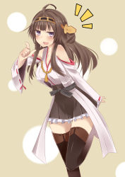 Rule 34 | 10s, 1girl, bare shoulders, boots, brown hair, highres, kantai collection, kongou (kancolle), long hair, nontraditional miko, open mouth, personification, ryuushaku, simple background, solo, thigh boots, thighhighs, zettai ryouiki