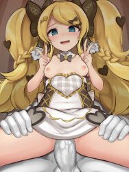 Rule 34 | 1boy, 1girl, big hair, blonde hair, blue eyes, blush, bow, bowtie, braid, breasts, breasts out, clothed sex, colored skin, detached sleeves, double v, fang, hair bow, hair ornament, hairclip, heart, hetero, highres, looking at viewer, megaphrodite (nyanko daisensou), nipples, nyanko daisensou, open mouth, penis, reverse cowgirl position, sex, sex from behind, sidelocks, skin fang, small breasts, straddling, swept bangs, thigh grab, twin-7646, twintails, v, vaginal, white skin
