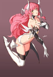 Rule 34 | 1girl, arched back, bare shoulders, black thighhighs, boots, breasts, brown background, brown eyes, cleavage, closers, collarbone, full body, gauntlets, gradient background, hand on own chest, high heel boots, high heels, highres, horns, jewelry, leg up, long hair, looking at viewer, medium breasts, neck ring, panties, pink hair, revealing clothes, seulbi lee, solo, swd3e2, thigh boots, thighhighs, thighs, underwear, very long hair, white footwear, white panties