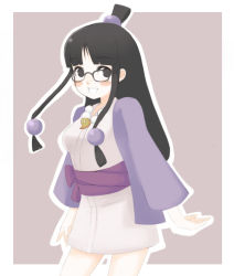 Rule 34 | 1girl, ace attorney, bad id, bad pixiv id, bespectacled, black eyes, black hair, blush, capcom, glasses, half updo, japanese clothes, long hair, maya fey, oza watto, simple background, smile, solo