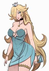 Rule 34 | 1girl, aqua eyes, artist name, bare arms, bare shoulders, black choker, blonde hair, blue dress, braid, breasts, choker, cleavage, commentary, crown, dress, earrings, english commentary, female focus, hair over one eye, highres, jewelry, long hair, looking at viewer, mario (series), medium breasts, mini crown, necklace, nintendo, omiza somi, one eye covered, parted lips, rosalina, solo, star (symbol), star bracelet, star necklace, strapless, strapless dress, super mario galaxy, very long hair