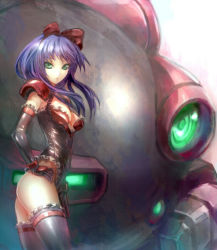 Rule 34 | 1girl, armor, ass, black gloves, black thighhighs, black twinbee 02, blue hair, bow, breasts, cleavage, cowboy shot, elbow gloves, expressionless, frilled thighhighs, frills, from side, gloves, green eyes, hair bow, hairband, hand on own hip, highleg, highleg leotard, hip focus, leotard, long hair, looking at viewer, looking back, mecha, pauldrons, ribbon, robot, salyute, saryut, shiny clothes, shoulder armor, sidelocks, standing, star (ikaruga), thighhighs, thong leotard, twinbee