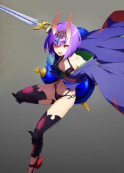 Rule 34 | 1girl, :d, bare shoulders, bob cut, fangs, fate/grand order, fate (series), gradient background, grey background, horns, japanese clothes, kimono, looking at viewer, oni, open mouth, purple hair, red eyes, shiromako, short hair, shuten douji (fate), skin-covered horns, smile, solo, sword, twitter username, weapon