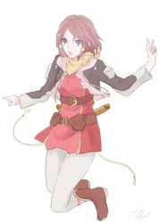 Rule 34 | 10s, 1girl, belt, blue eyes, breasts, frills, hair ornament, hood, jacket, open mouth, pants, red hair, rose (tales), scarf, shoes, short hair, simple background, tales of (series), tales of zestiria, weapon