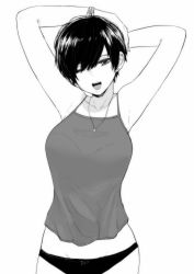Rule 34 | 1girl, armpits, arms up, bracelet, breasts, camisole, commentary, earrings, english commentary, greyscale, highres, jewelry, large breasts, looking at viewer, monochrome, necklace, no pants, norman maggot, olive laurentia, one eye closed, open mouth, original, panties, pixie cut, short hair, simple background, solo, underwear, upper body, white background