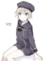 Rule 34 | 1girl, arm support, ascot, black ascot, black dress, black hat, blue eyes, character name, closed mouth, clothes writing, dot nose, dress, hat, kantai collection, knees together feet apart, long sleeves, looking at viewer, minamiya mia, peaked cap, sailor dress, sailor hat, shirt, short hair, silver hair, sitting, smile, solo, upper body, white background, white shirt, z1 leberecht maass (kancolle)